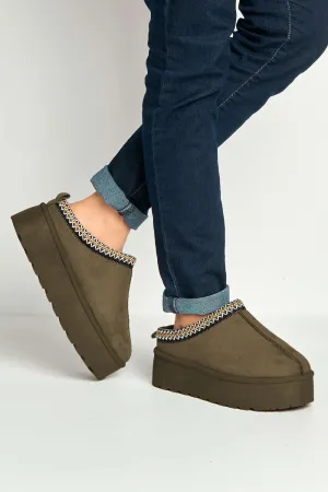 Astri Faux Fur Lining Knit Pattern Detail Flatform Slippers in Brown