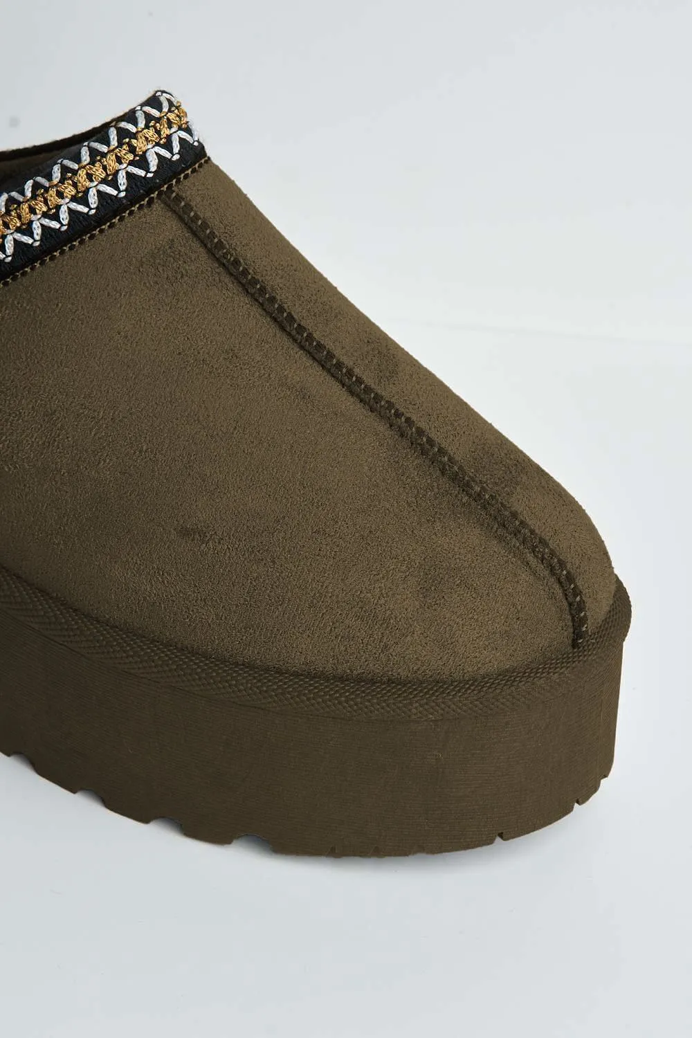 Astri Faux Fur Lining Knit Pattern Detail Flatform Slippers in Brown