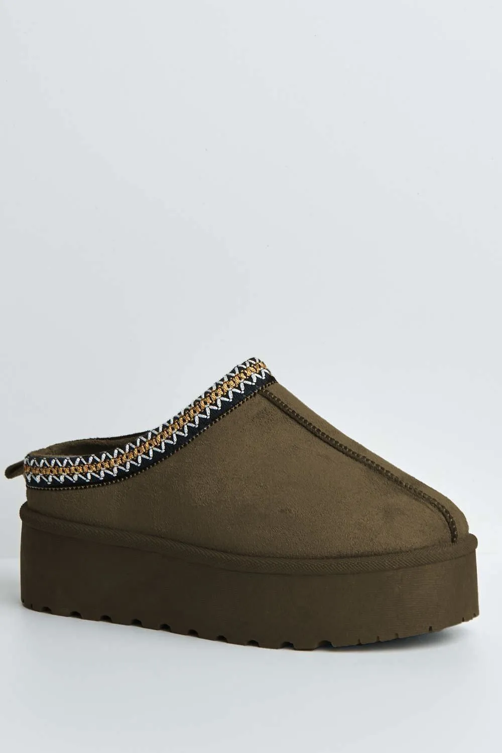 Astri Faux Fur Lining Knit Pattern Detail Flatform Slippers in Brown