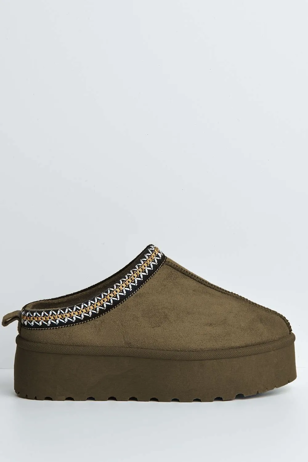 Astri Faux Fur Lining Knit Pattern Detail Flatform Slippers in Brown