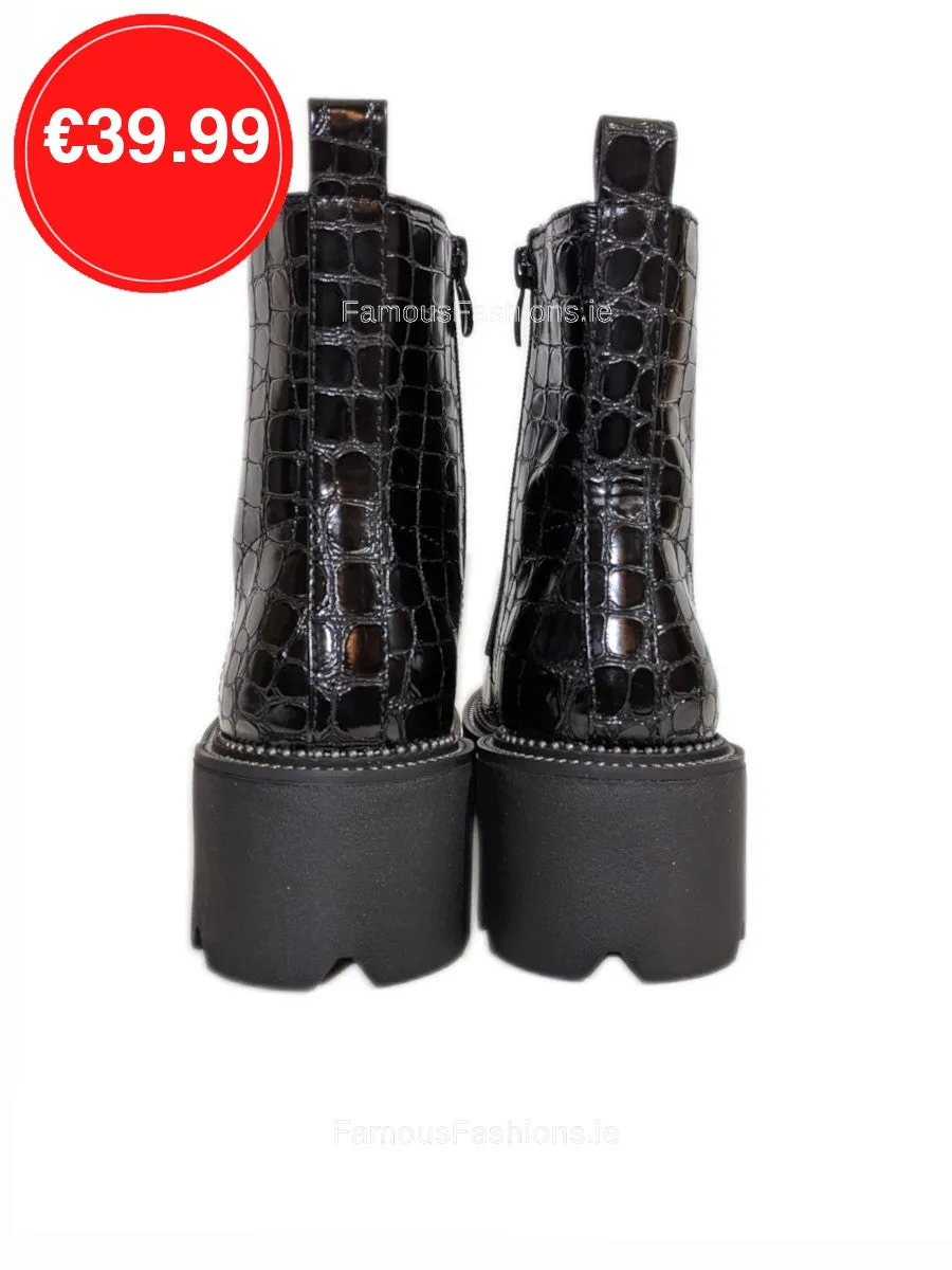Black Patent Croc Lace Up Chunky Biker Ankle Boots