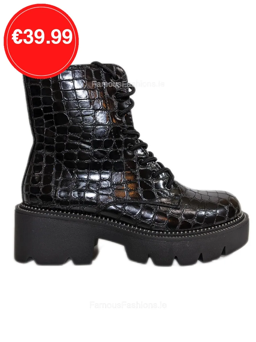 Black Patent Croc Lace Up Chunky Biker Ankle Boots