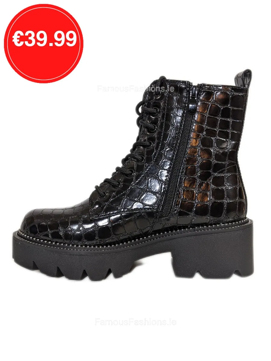 Black Patent Croc Lace Up Chunky Biker Ankle Boots