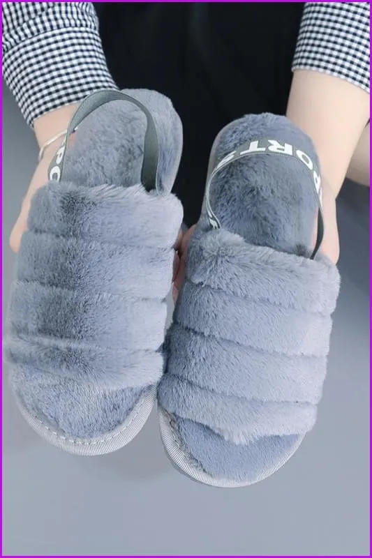 Black/Grey/Pink Fluffy Stripes Fur Sliders Sandles F155