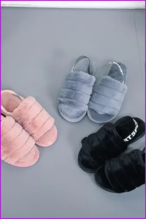 Black/Grey/Pink Fluffy Stripes Fur Sliders Sandles F155