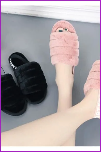 Black/Grey/Pink Fluffy Stripes Fur Sliders Sandles F155
