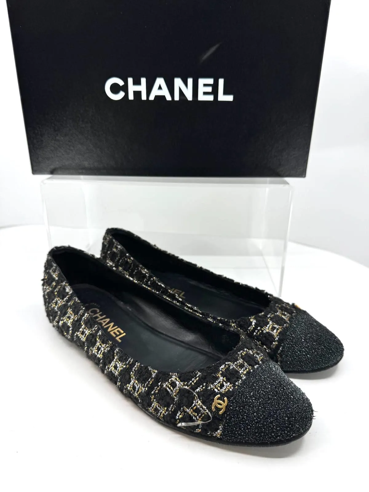 CHANEL METALLIC TWEED CAP TOE BALLERINA FLATS