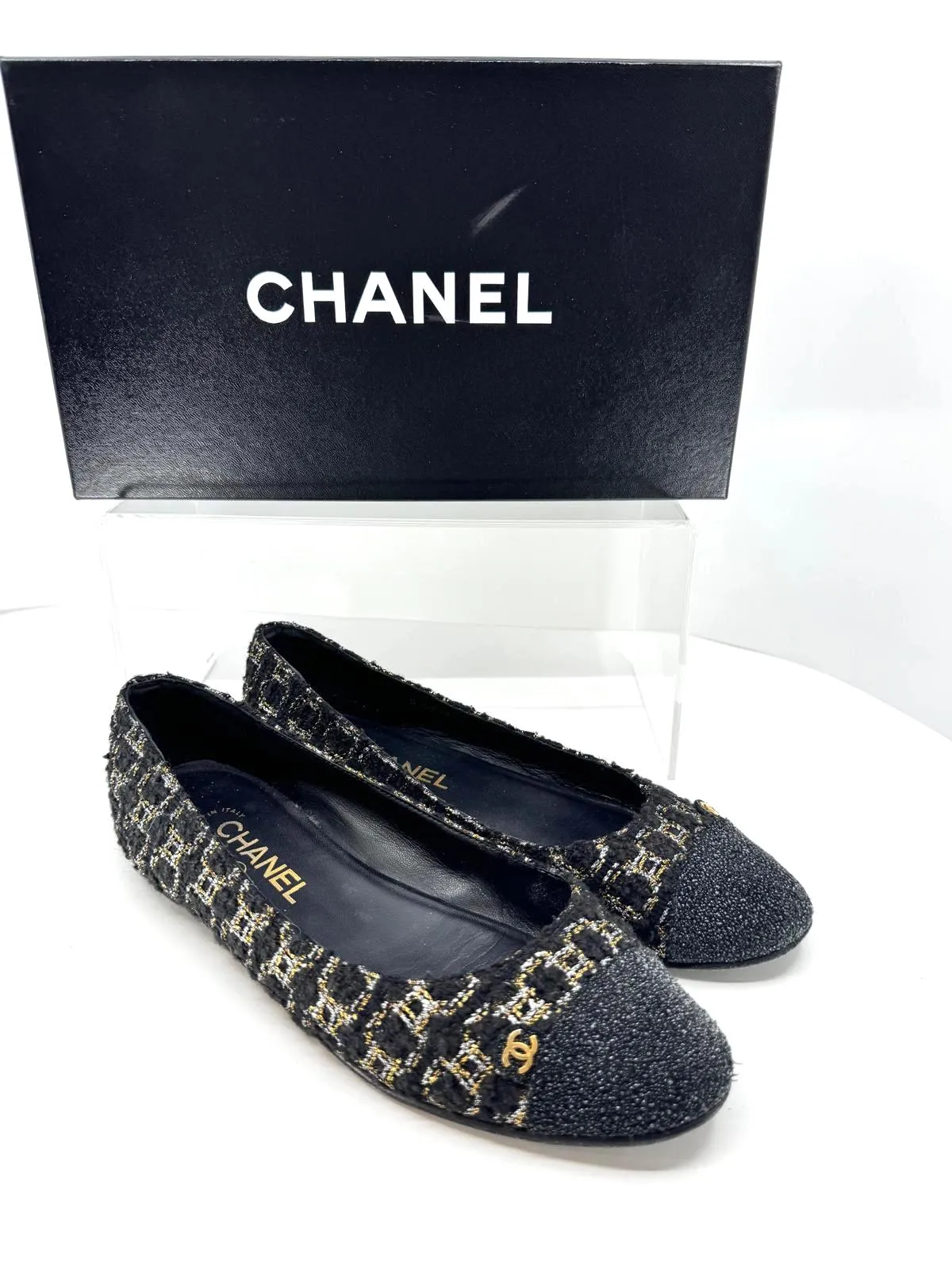 CHANEL METALLIC TWEED CAP TOE BALLERINA FLATS
