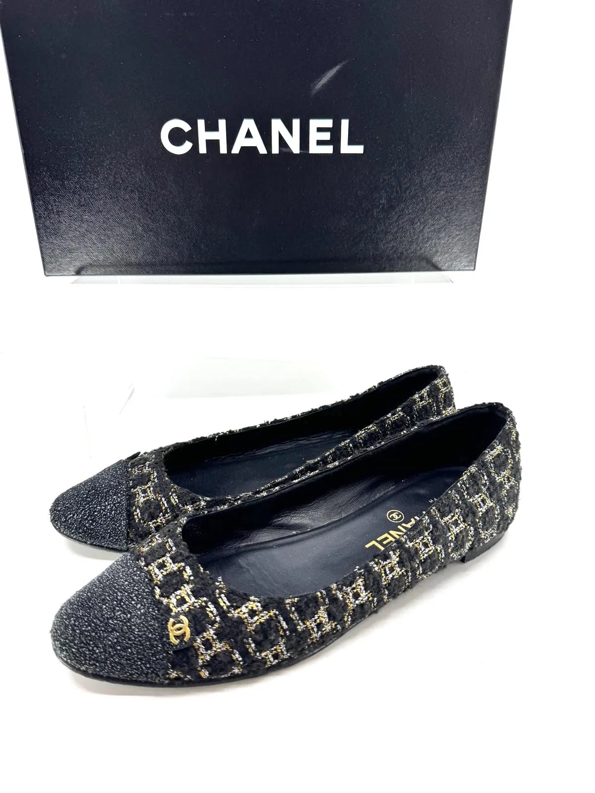 CHANEL METALLIC TWEED CAP TOE BALLERINA FLATS