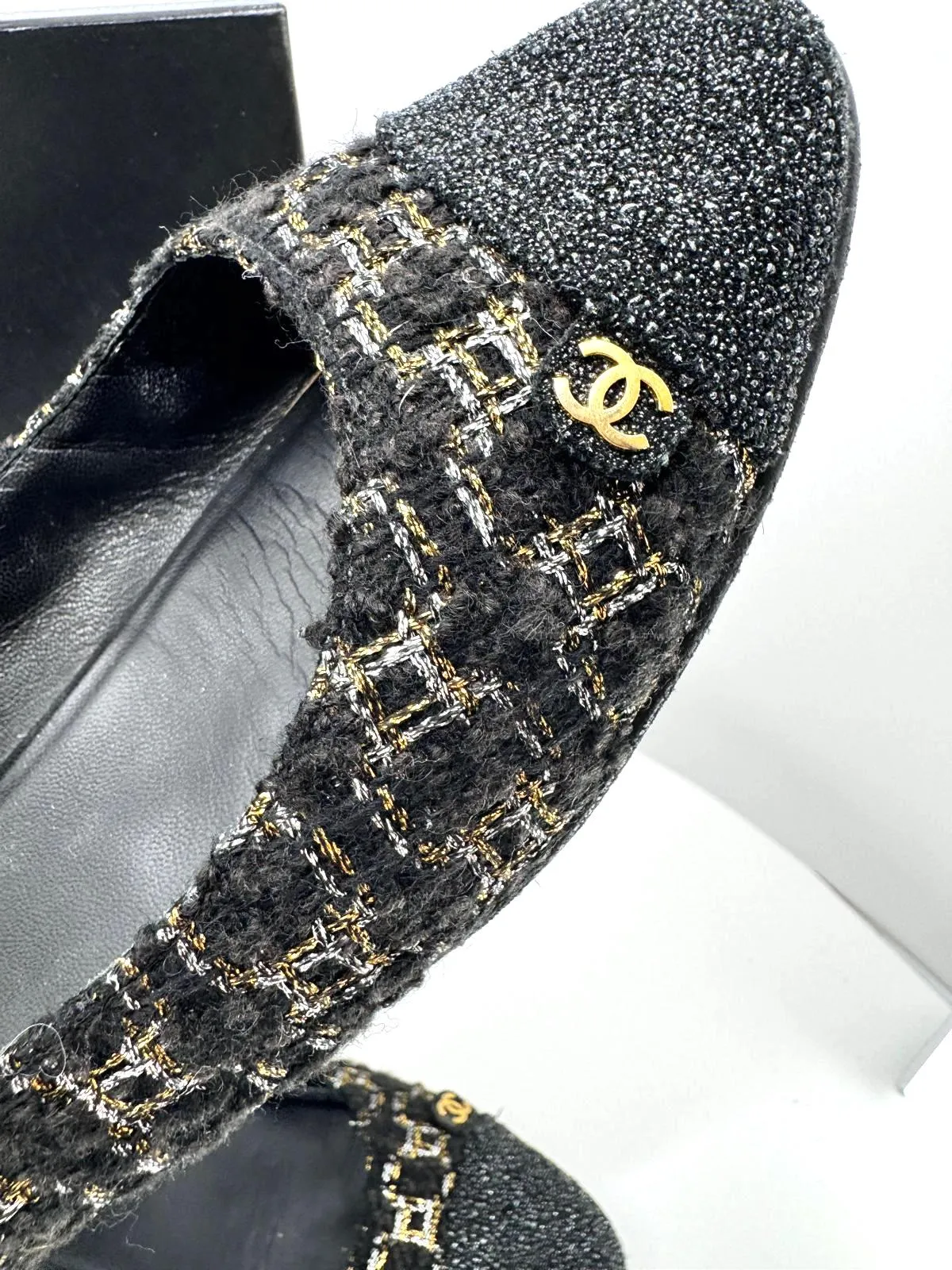 CHANEL METALLIC TWEED CAP TOE BALLERINA FLATS