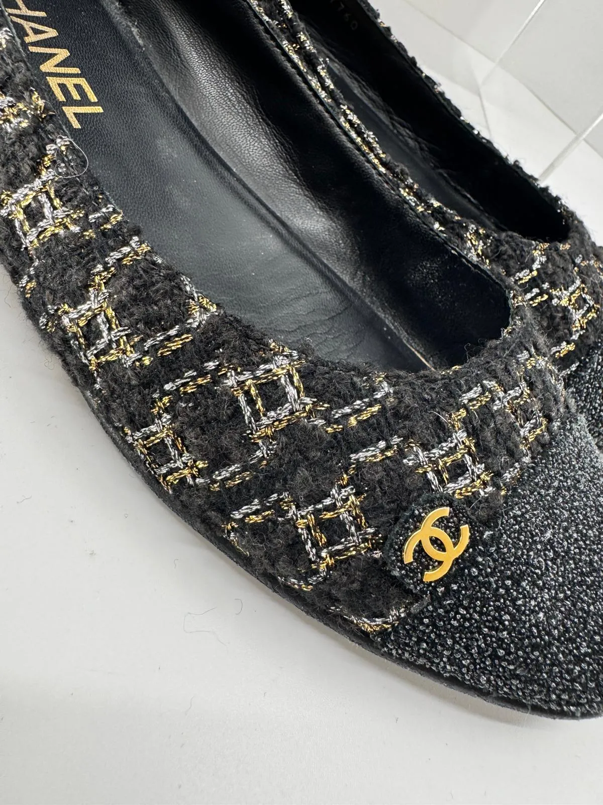 CHANEL METALLIC TWEED CAP TOE BALLERINA FLATS
