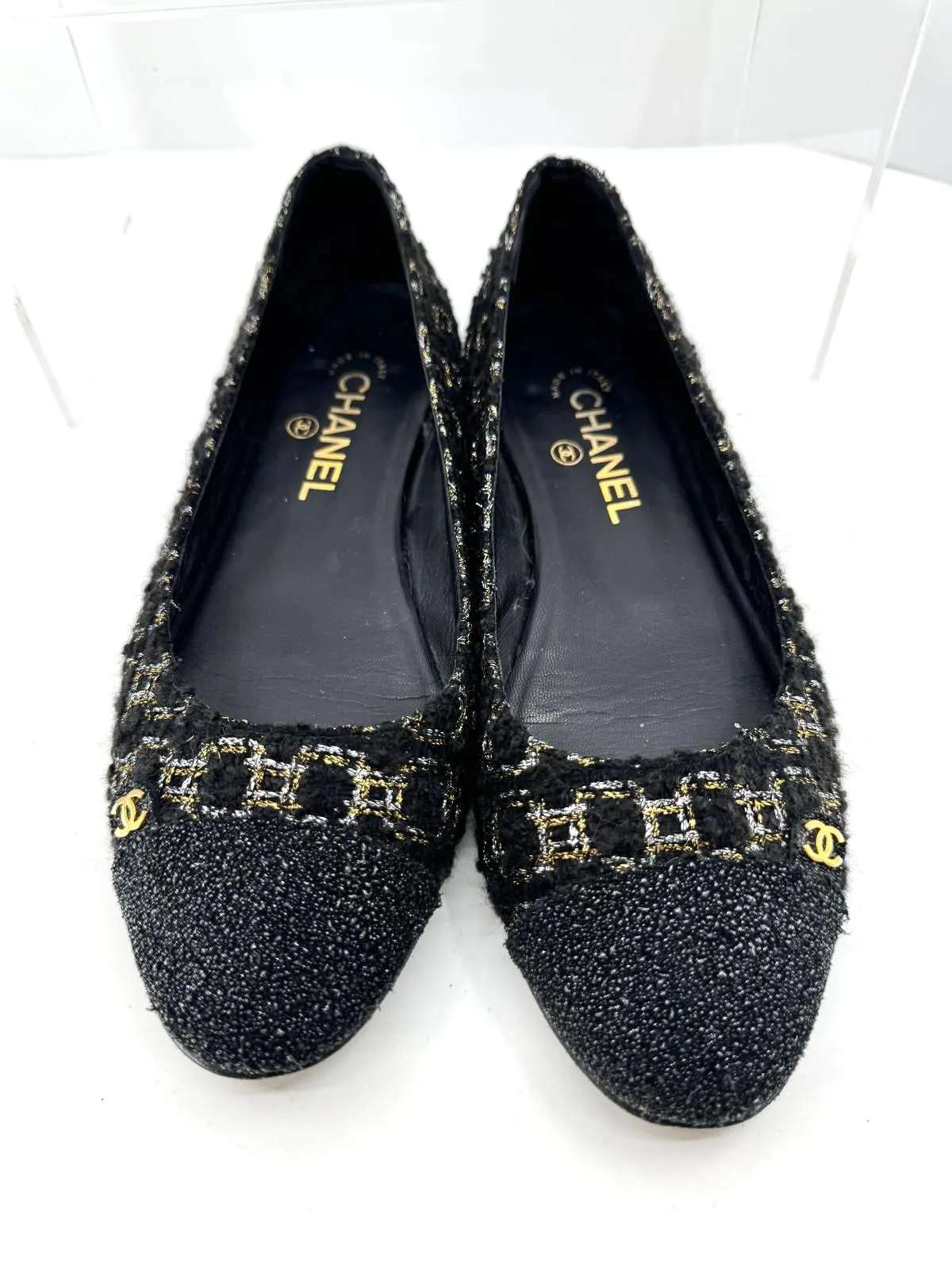 CHANEL METALLIC TWEED CAP TOE BALLERINA FLATS