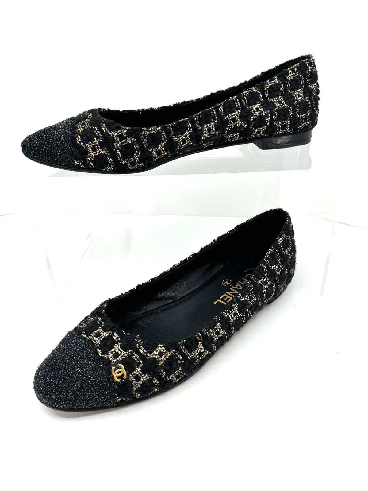 CHANEL METALLIC TWEED CAP TOE BALLERINA FLATS
