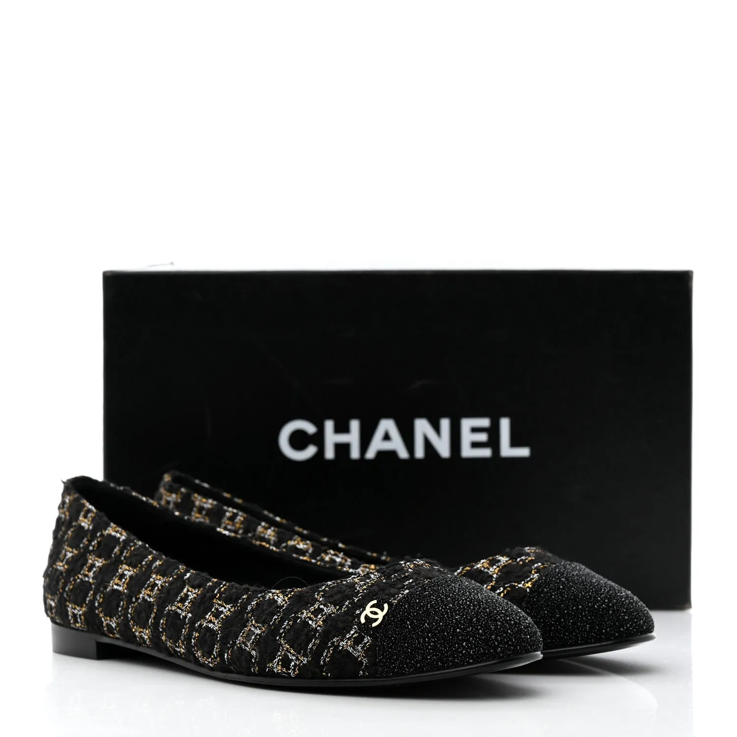 CHANEL METALLIC TWEED CAP TOE BALLERINA FLATS