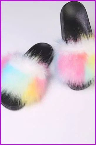 Faux Fake Big Colorful #1 Fur Slides F172