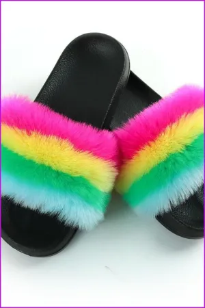 Faux Fake Pink Yellow Green Blue Fur Slides #1 F153