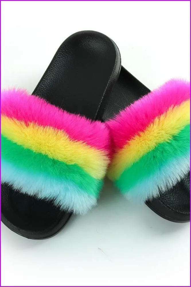 Faux Fake Pink Yellow Green Blue Fur Slides #1 F153