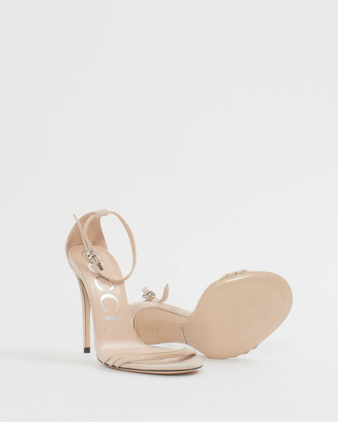 Gucci Blush Pink Suede Crystal GG Strappy Heeled Sandals - 36
