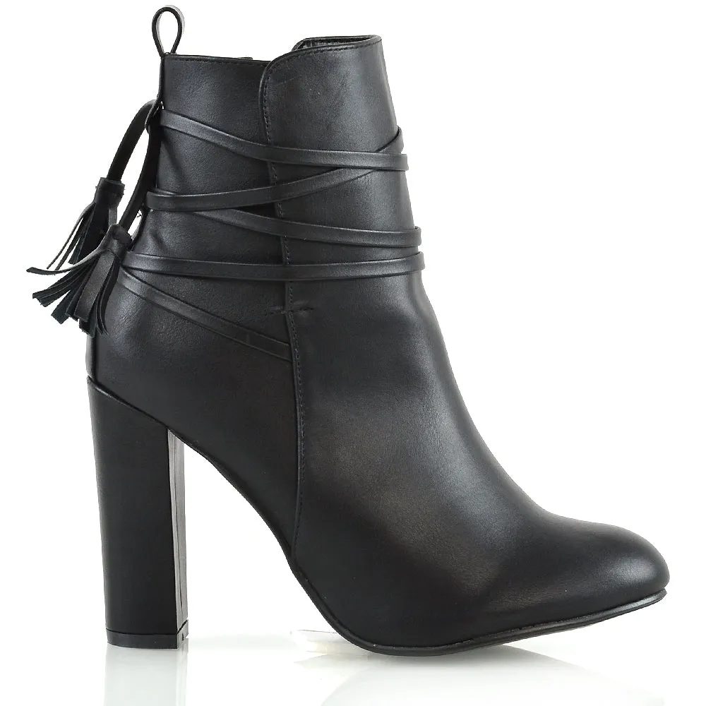 Jamie Tie up Tassel Detail Block High Heel Boots in Black Synthetic Leather