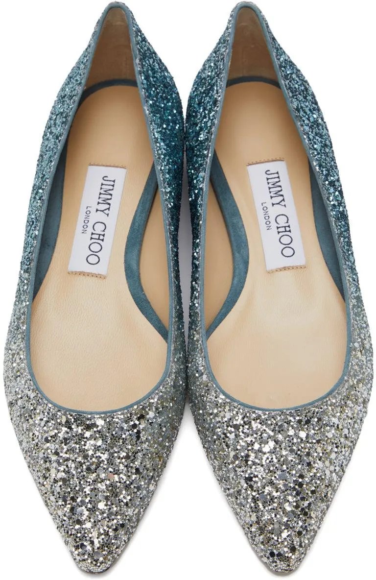 Jimmy Choo Silver Glitter Romy Ballerina Flats