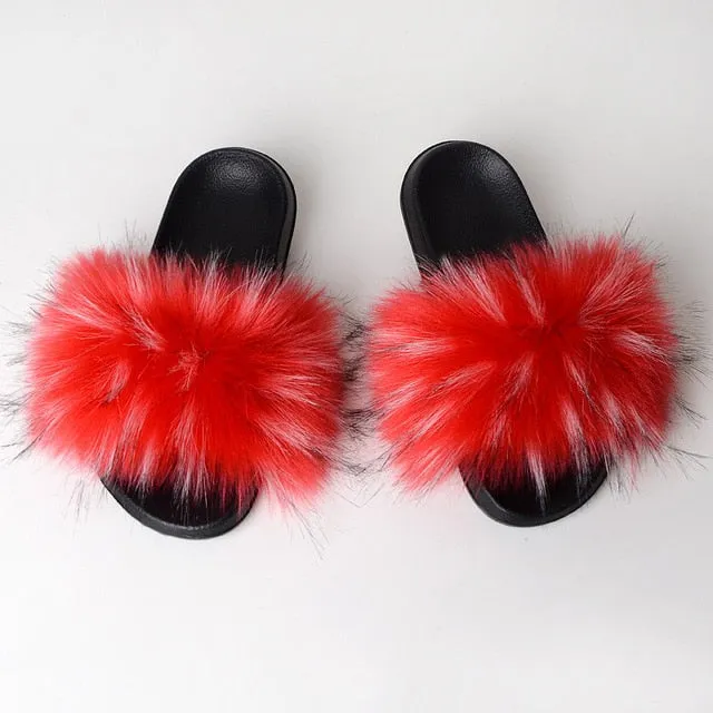 New Fluffy Faux Fur Slides Women Fur Slippers Furry Raccoon Sandals Fake Fox Fur Flip Flops Home Fuzzy Woman Casual Plush Shoes