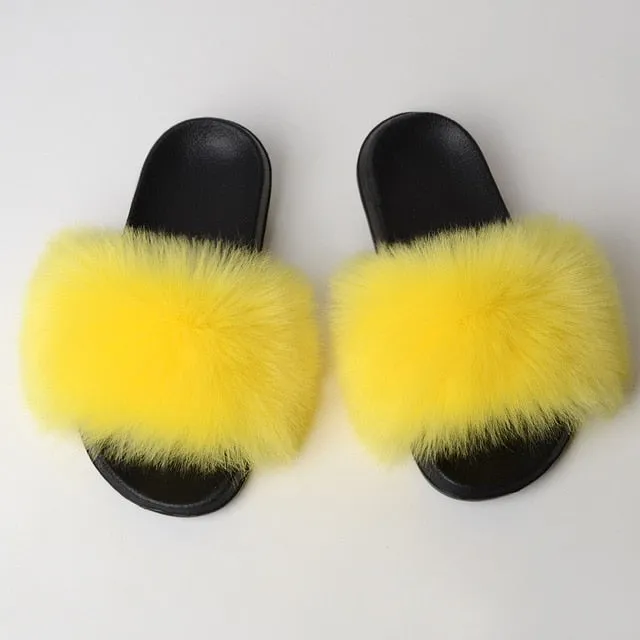 New Fluffy Faux Fur Slides Women Fur Slippers Furry Raccoon Sandals Fake Fox Fur Flip Flops Home Fuzzy Woman Casual Plush Shoes