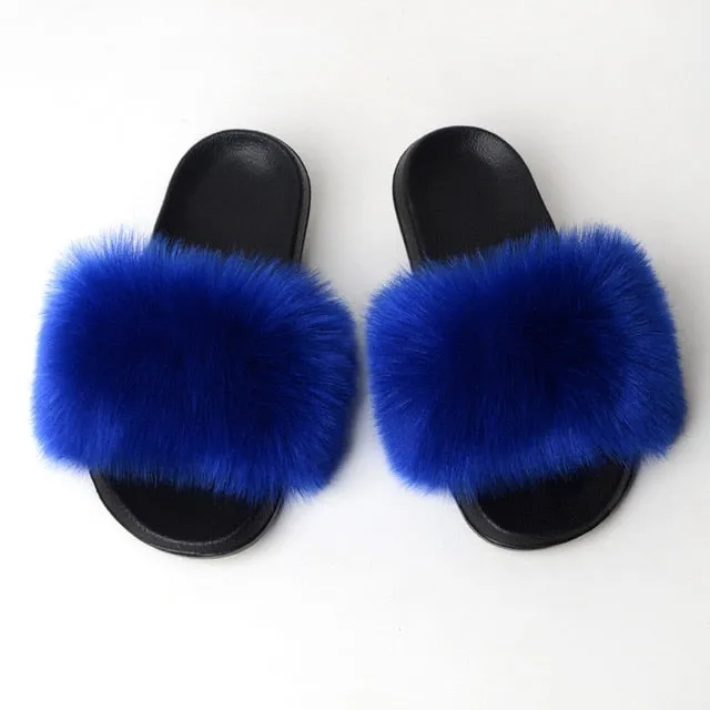 New Fluffy Faux Fur Slides Women Fur Slippers Furry Raccoon Sandals Fake Fox Fur Flip Flops Home Fuzzy Woman Casual Plush Shoes