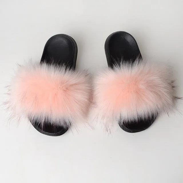 New Fluffy Faux Fur Slides Women Fur Slippers Furry Raccoon Sandals Fake Fox Fur Flip Flops Home Fuzzy Woman Casual Plush Shoes