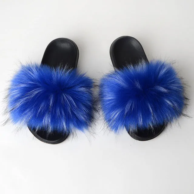 New Fluffy Faux Fur Slides Women Fur Slippers Furry Raccoon Sandals Fake Fox Fur Flip Flops Home Fuzzy Woman Casual Plush Shoes