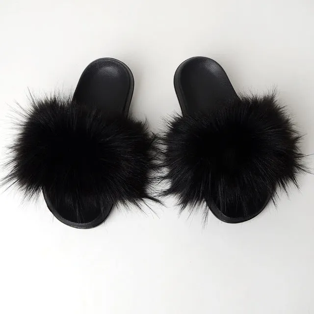 New Fluffy Faux Fur Slides Women Fur Slippers Furry Raccoon Sandals Fake Fox Fur Flip Flops Home Fuzzy Woman Casual Plush Shoes