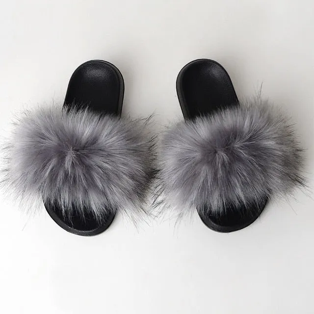 New Fluffy Faux Fur Slides Women Fur Slippers Furry Raccoon Sandals Fake Fox Fur Flip Flops Home Fuzzy Woman Casual Plush Shoes