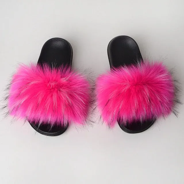 New Fluffy Faux Fur Slides Women Fur Slippers Furry Raccoon Sandals Fake Fox Fur Flip Flops Home Fuzzy Woman Casual Plush Shoes
