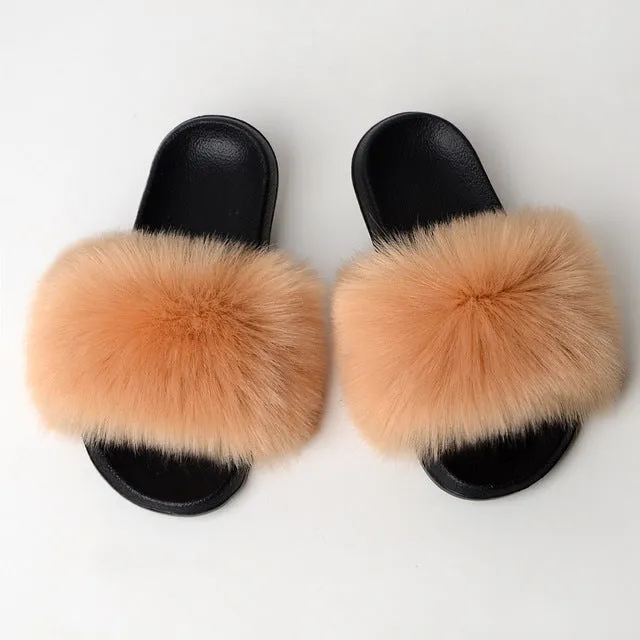 New Fluffy Faux Fur Slides Women Fur Slippers Furry Raccoon Sandals Fake Fox Fur Flip Flops Home Fuzzy Woman Casual Plush Shoes