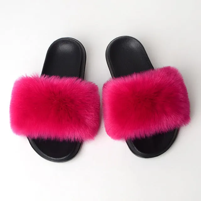 New Fluffy Faux Fur Slides Women Fur Slippers Furry Raccoon Sandals Fake Fox Fur Flip Flops Home Fuzzy Woman Casual Plush Shoes