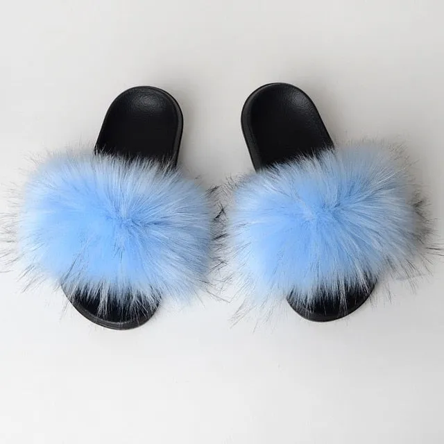 New Fluffy Faux Fur Slides Women Fur Slippers Furry Raccoon Sandals Fake Fox Fur Flip Flops Home Fuzzy Woman Casual Plush Shoes