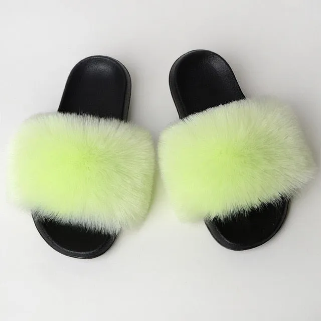 New Fluffy Faux Fur Slides Women Fur Slippers Furry Raccoon Sandals Fake Fox Fur Flip Flops Home Fuzzy Woman Casual Plush Shoes