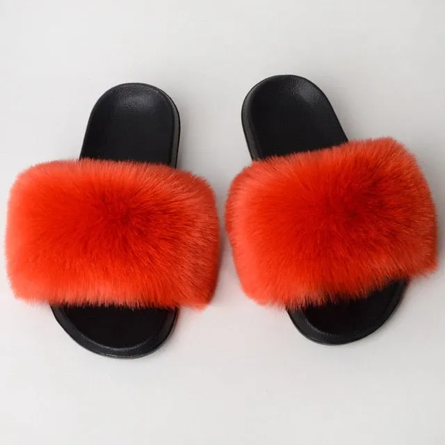 New Fluffy Faux Fur Slides Women Fur Slippers Furry Raccoon Sandals Fake Fox Fur Flip Flops Home Fuzzy Woman Casual Plush Shoes