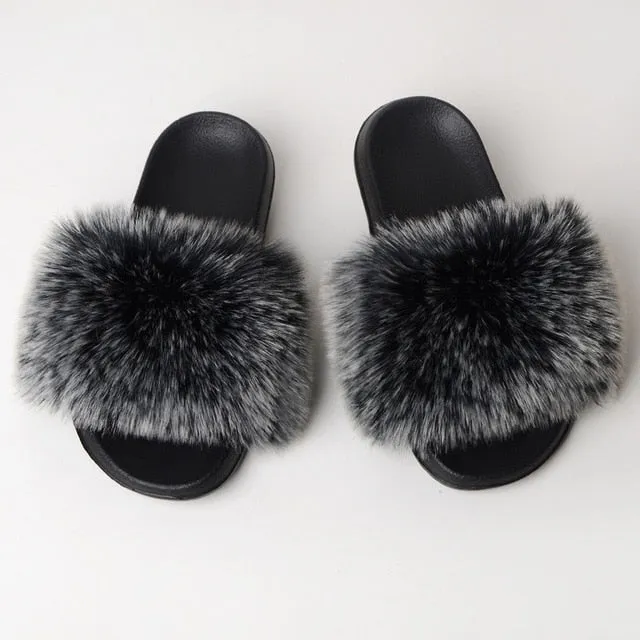 New Fluffy Faux Fur Slides Women Fur Slippers Furry Raccoon Sandals Fake Fox Fur Flip Flops Home Fuzzy Woman Casual Plush Shoes