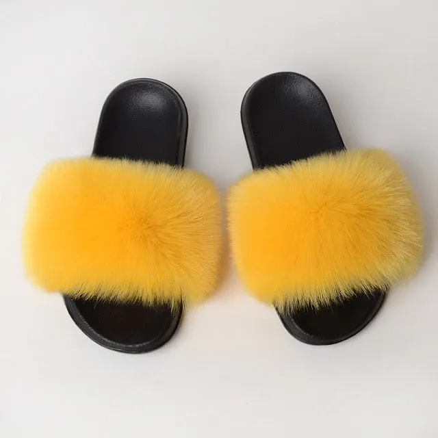 New Fluffy Faux Fur Slides Women Fur Slippers Furry Raccoon Sandals Fake Fox Fur Flip Flops Home Fuzzy Woman Casual Plush Shoes