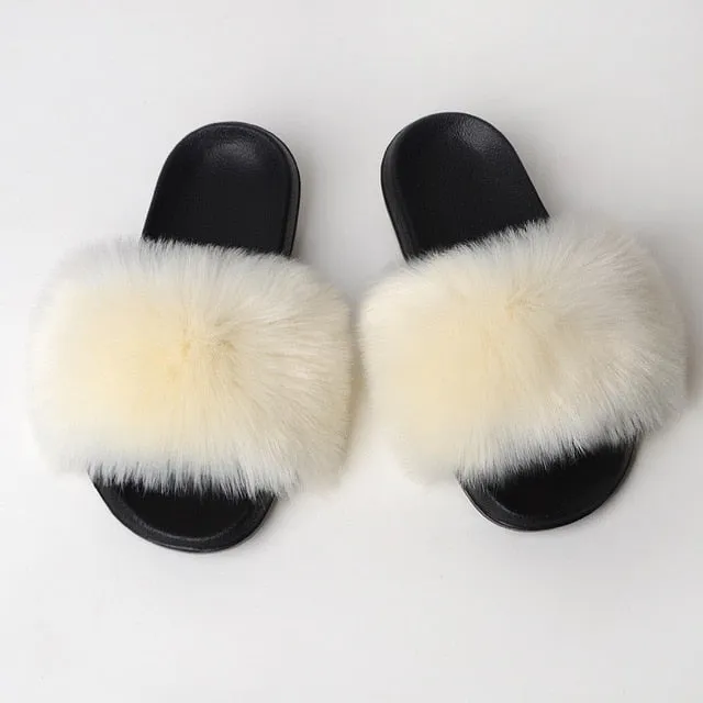 New Fluffy Faux Fur Slides Women Fur Slippers Furry Raccoon Sandals Fake Fox Fur Flip Flops Home Fuzzy Woman Casual Plush Shoes
