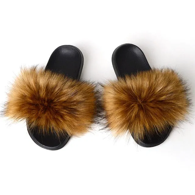 New Fluffy Faux Fur Slides Women Fur Slippers Furry Raccoon Sandals Fake Fox Fur Flip Flops Home Fuzzy Woman Casual Plush Shoes