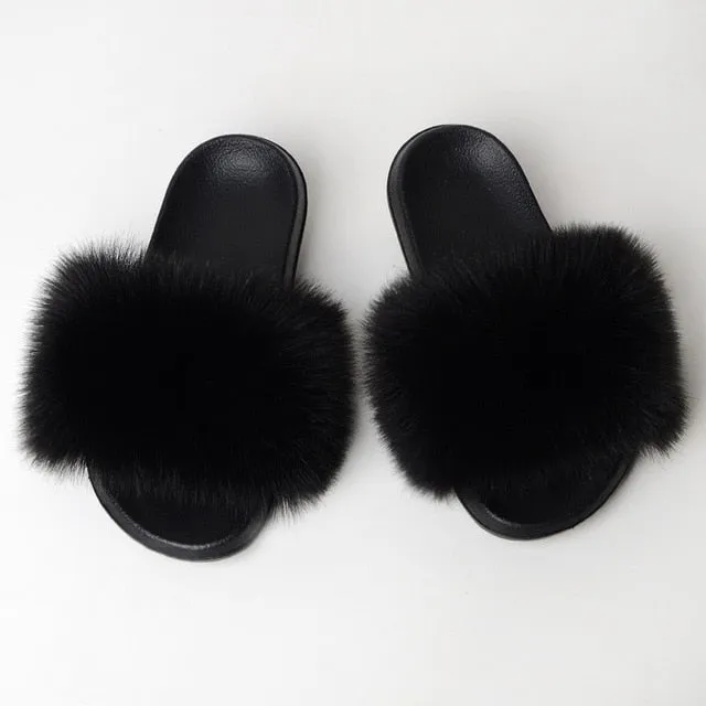 New Fluffy Faux Fur Slides Women Fur Slippers Furry Raccoon Sandals Fake Fox Fur Flip Flops Home Fuzzy Woman Casual Plush Shoes