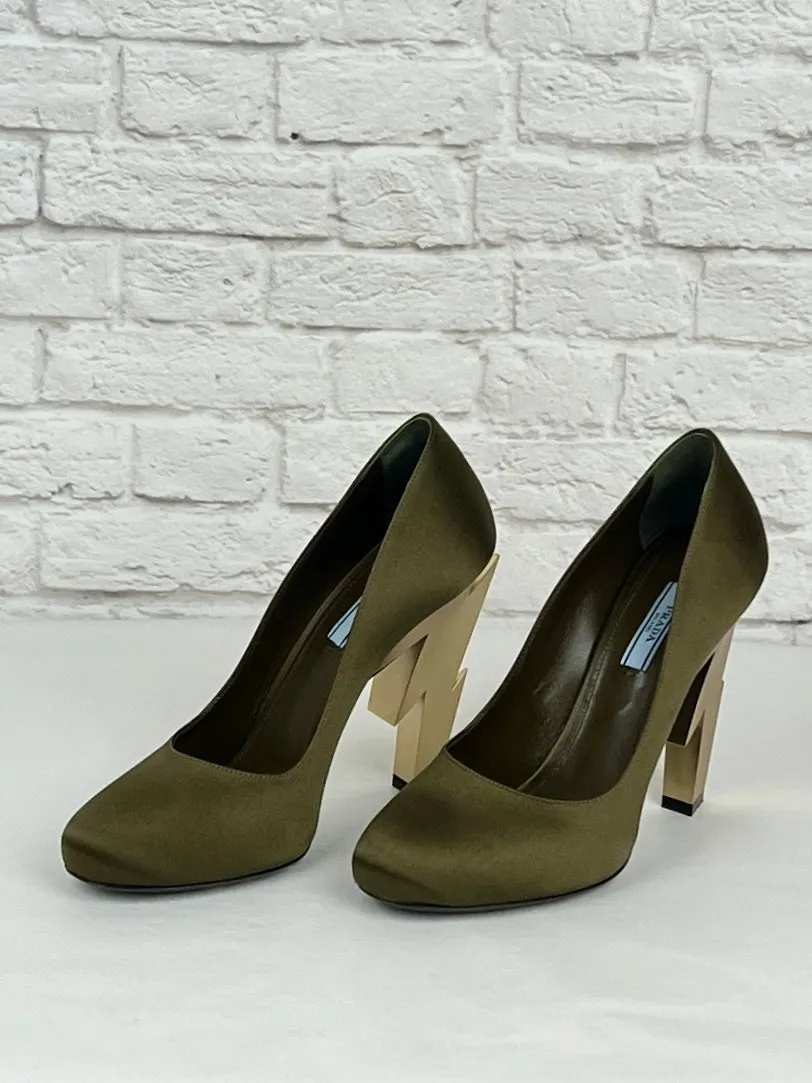Prada Satin Pumps Lightning Bolt Heel, Olive and Gold