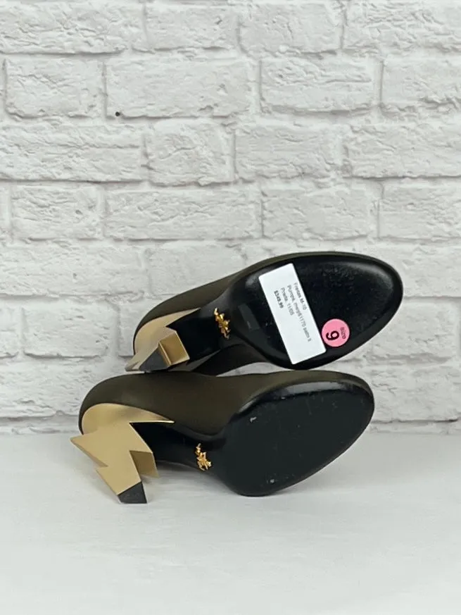 Prada Satin Pumps Lightning Bolt Heel, Olive and Gold