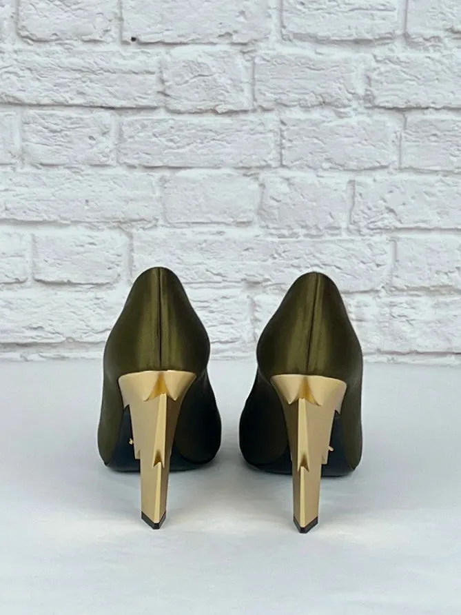 Prada Satin Pumps Lightning Bolt Heel, Olive and Gold