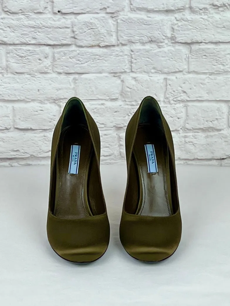 Prada Satin Pumps Lightning Bolt Heel, Olive and Gold