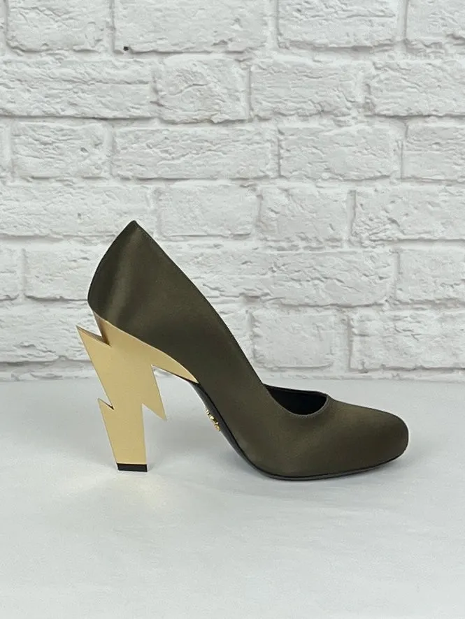 Prada Satin Pumps Lightning Bolt Heel, Olive and Gold