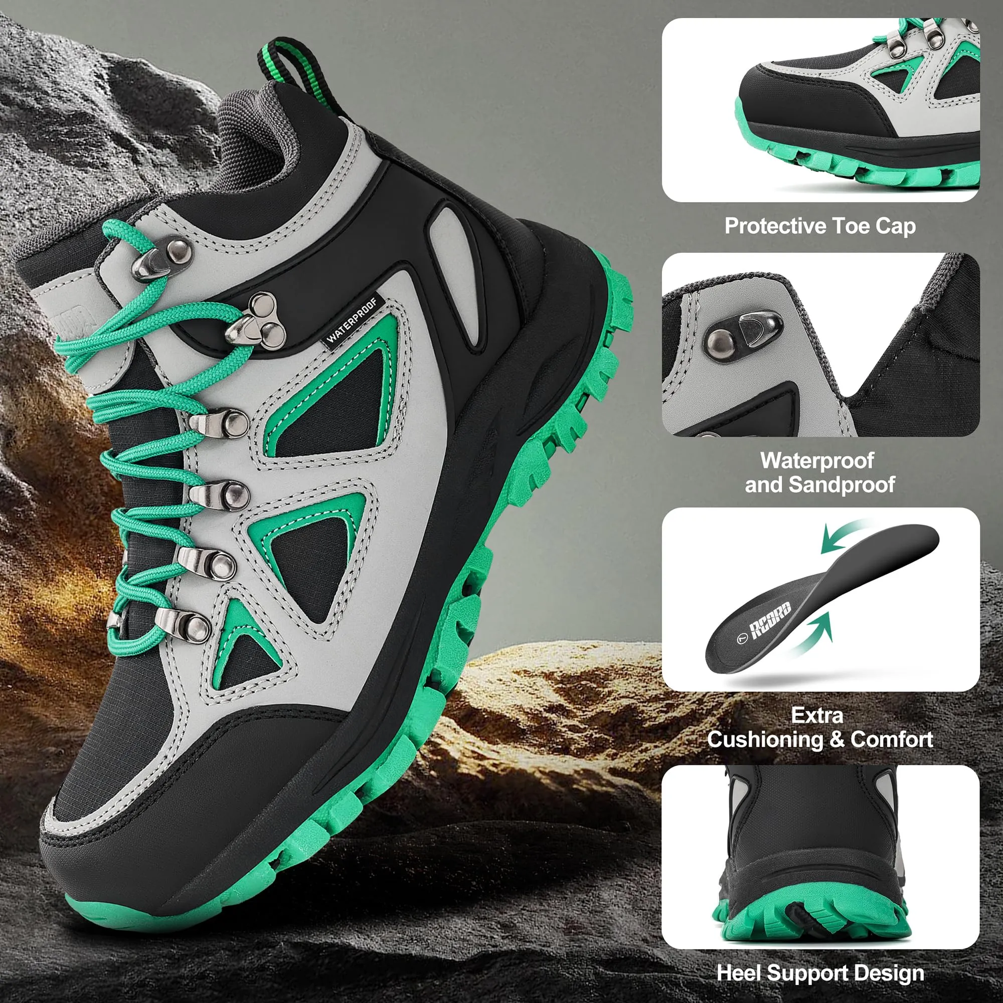 R CORD Kids Water Resistant Hiking Boots, Girls Anti Collision Anti-Skid Athletic Outdoor Ankle Adventure Trekking Boots Green 13 Little kid