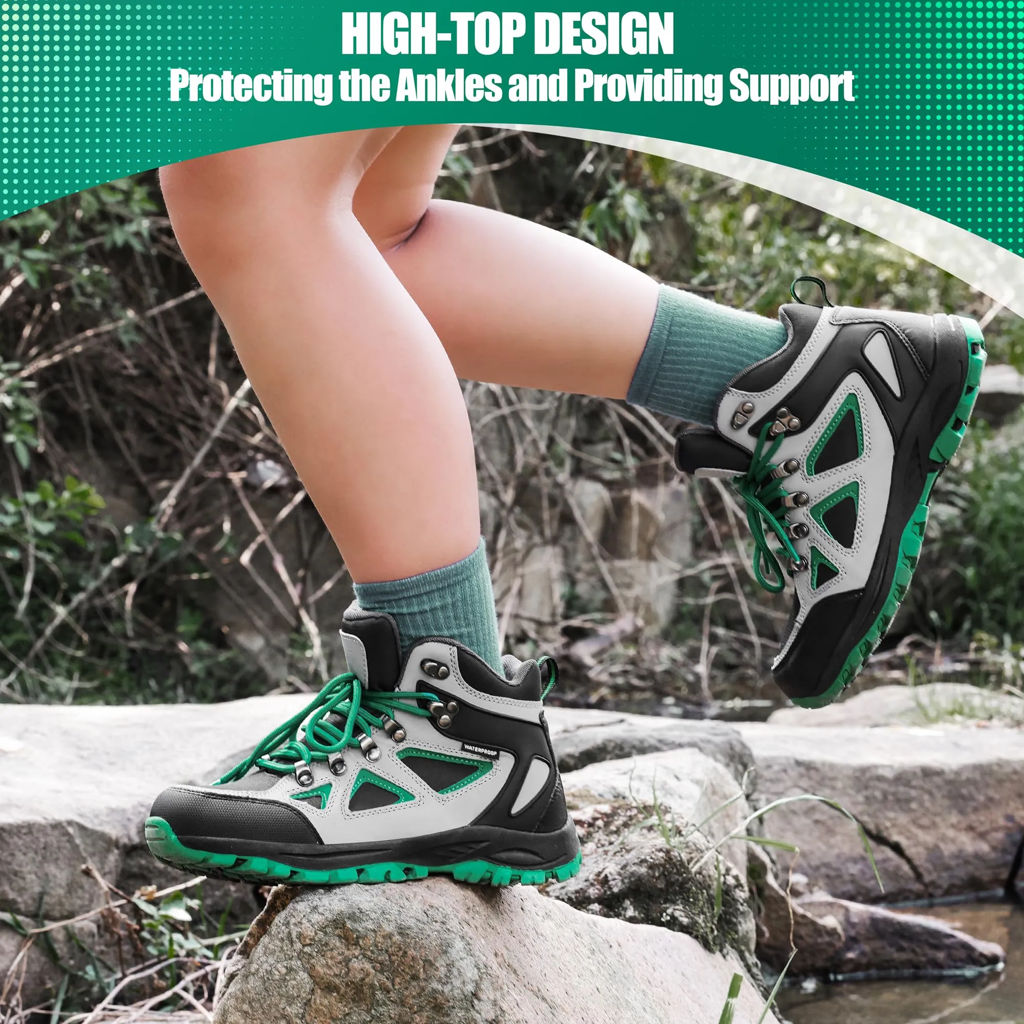 R CORD Kids Water Resistant Hiking Boots, Girls Anti Collision Anti-Skid Athletic Outdoor Ankle Adventure Trekking Boots Green 13 Little kid