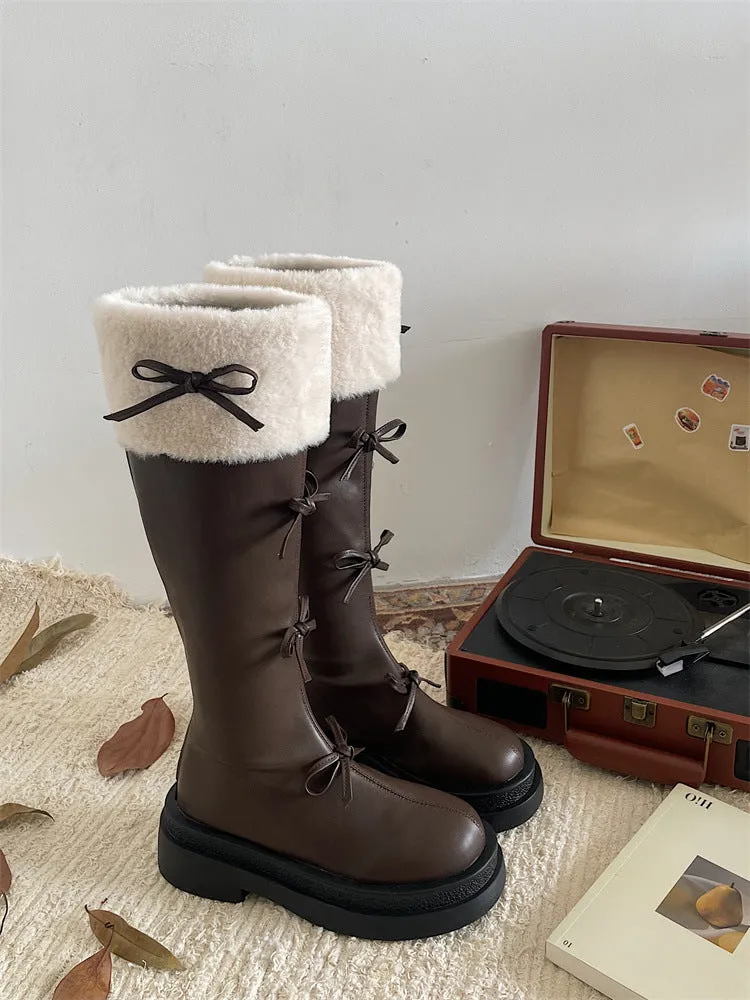 Ribbon Detail Fluffy Knee-High Boots